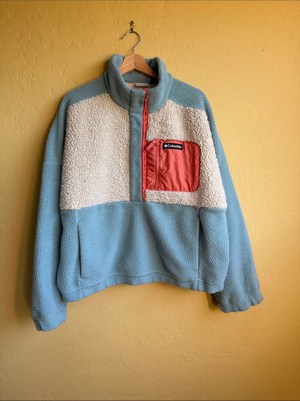 Columbia Powder Blue and Cream Sherpa Pullover with Coral Pocket